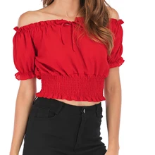 Майка повседневная без бретелек летний женский укороченный топ с открытыми плечами эластичный пояс праздничный сексуальный свитер с рюшами рукав-фонарик пляжный клуб