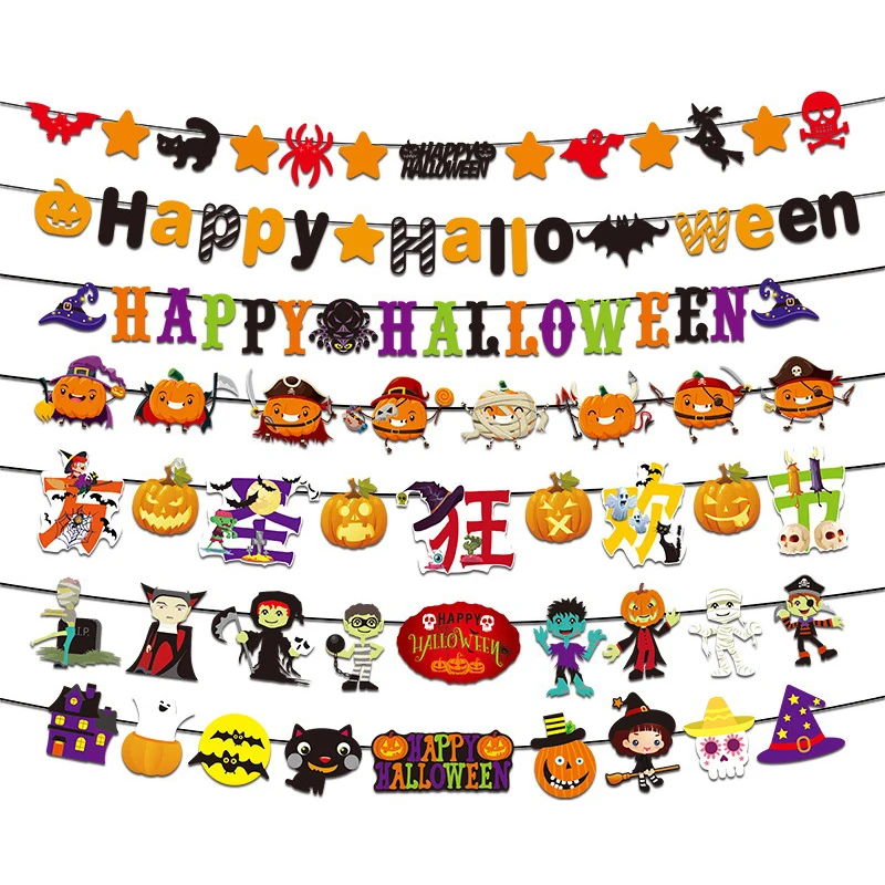 

Happy Halloween Paper Banner Horror Bat Pumpkin Witch Spider Skull Garland For Halloween Party Hanging Decoration Bunting Flags