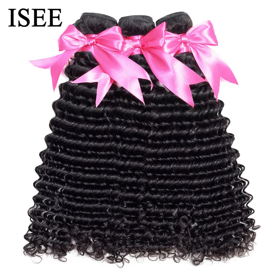 Extensions de cheveux mongole naturels-ISEE HAIR | Mèches de cheveux humains, Deep bouclé, tissage de cheveux, Deep Wave, couleur naturelle, 1/3/4, livraison gratuite
