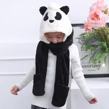 Зимний детский шарф из 3 предметов, шапка и наборы с перчатками для мальчиков и девочек, зимний теплый шарф, шейный платок, детские шапки, животное панда из мультфильма, шали