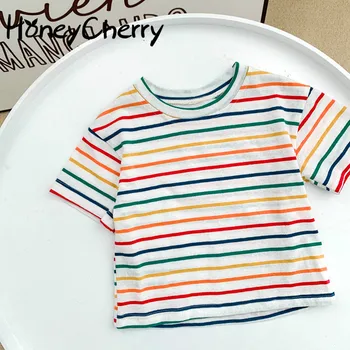 

2020 Summer Rainbow Stripe Short Sleeve T-shirt Breathable Bottoming T-Shirt girls tops