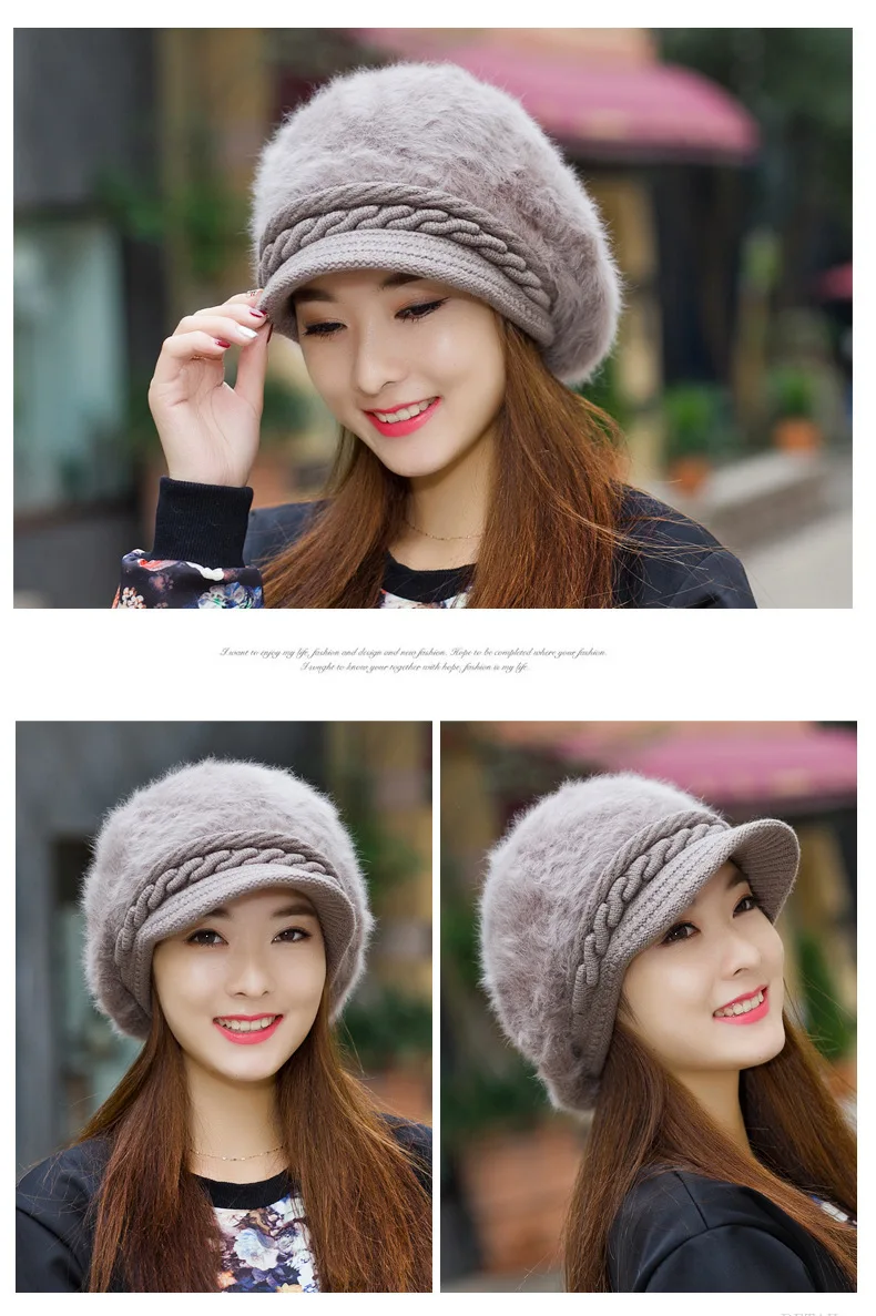 Женская шапка осень/зима, двойная толстая Корейская шапка из кроличьего меха, шапка с утиным язычком, теплая вязаная шерстяная шапка с утиным язычком