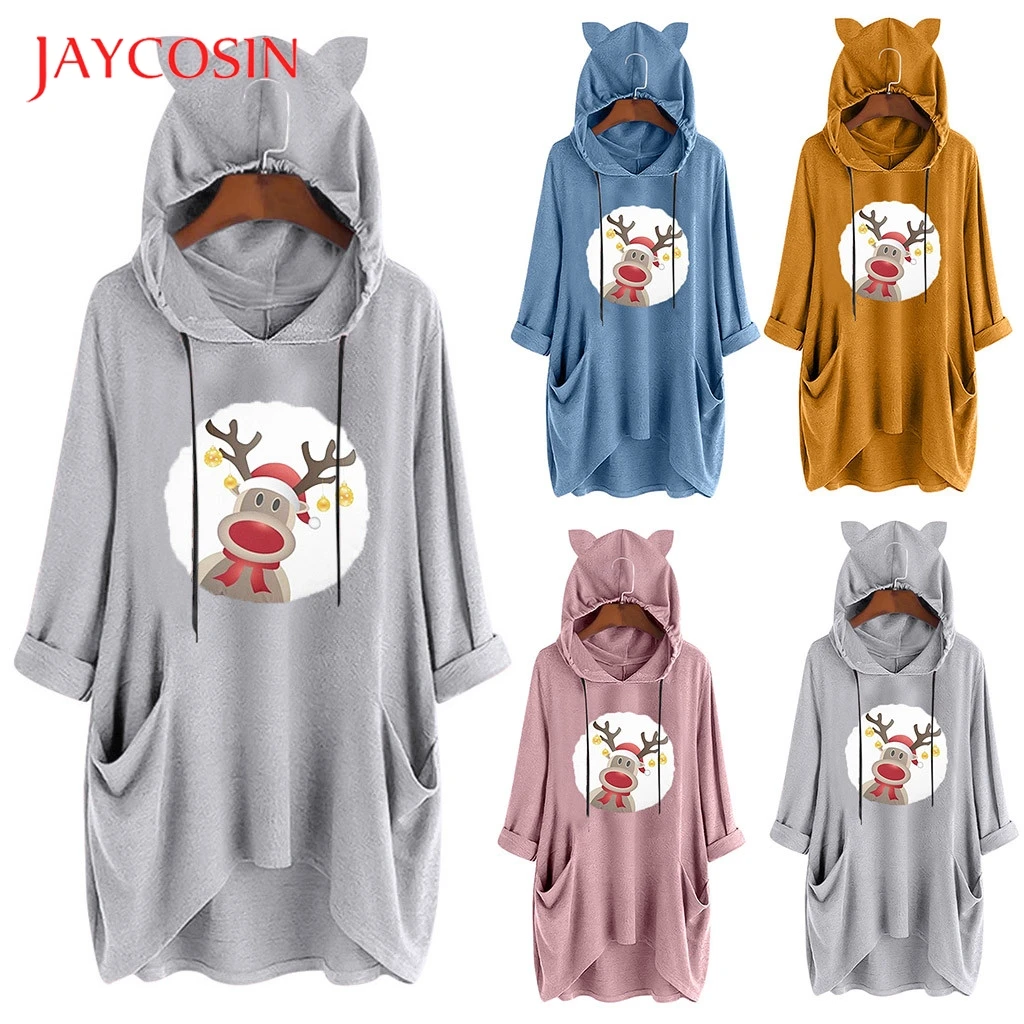 Женское рождественское платье Jaycosin с принтом лося кошачьими ушками капюшоном