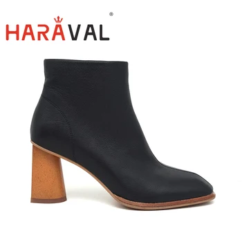 

HARAVAL Spring Autumn Women Ankle Boots Shoes Genuine Leather Thick heels Black Boots high heels Women Shoes Footwear Boots D8