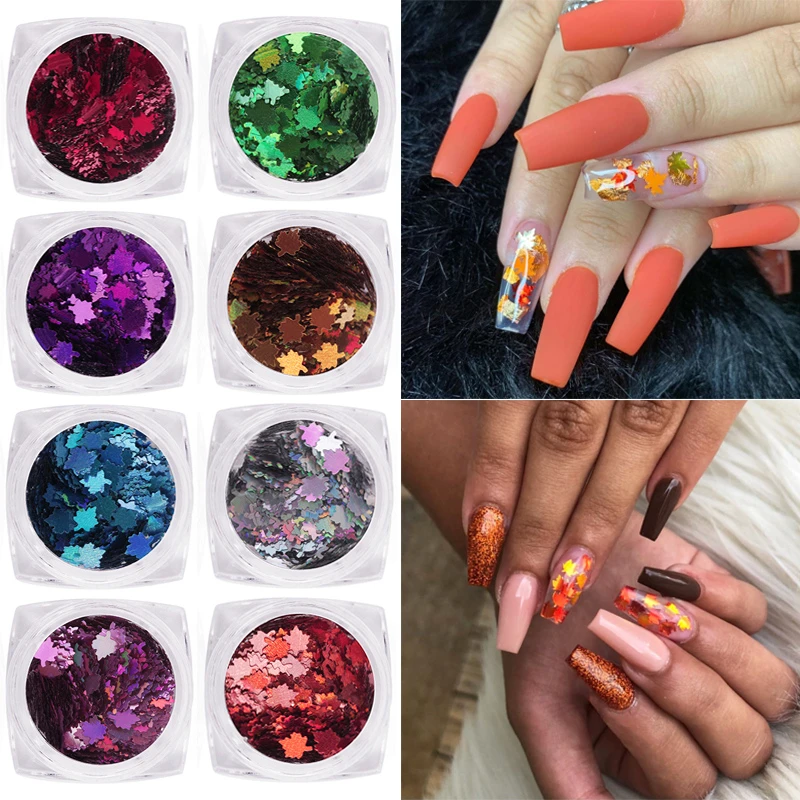 

1 Box Leaf Flake Nail Glitter Holographic Paillette Nail Sequins Fall Maple Leaf Shape Shimmer Sequin for 3D Nail Art Decoration