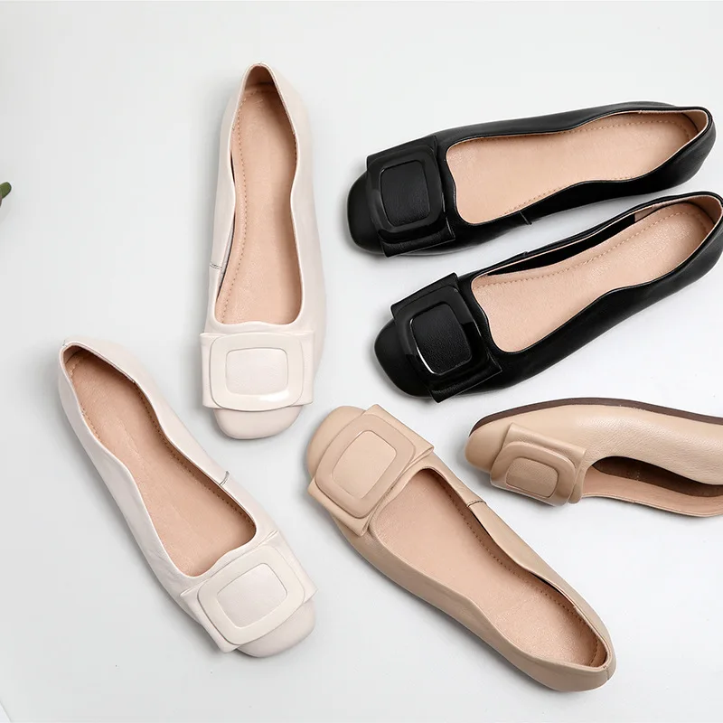 

Edward Square Single Shoe Woman 2020 A Shallow Mouth Square Flexible Bottom Button Genuine Leather Women's Shoes Mary Trendy
