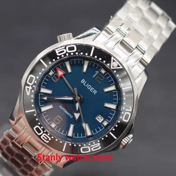 

Sapphire crystal Bliger 41mm blue dial luminous marks ceramic bezel GMT function stainless band automatic movement men's watch