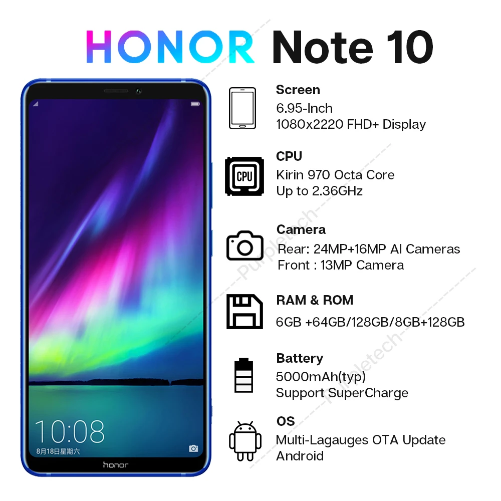 Original Honor Note 10 Google Play Smartphone Kirin 970 Octa core 6.95 inch 24MP+16MP AI Cameras 5000mAh Moblie Phone Android
