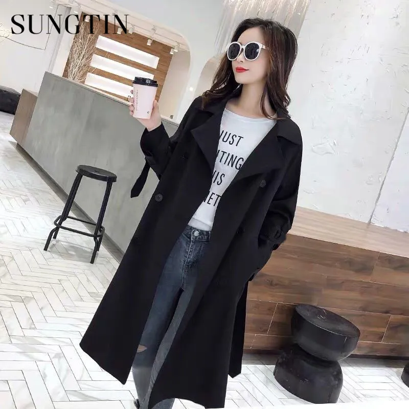 Sungtin Модный женский длинный Тренч с поясом, женское офисное пальто, черный шикарный двубортный Тренч, Повседневная Весенняя Осенняя верхняя одежда