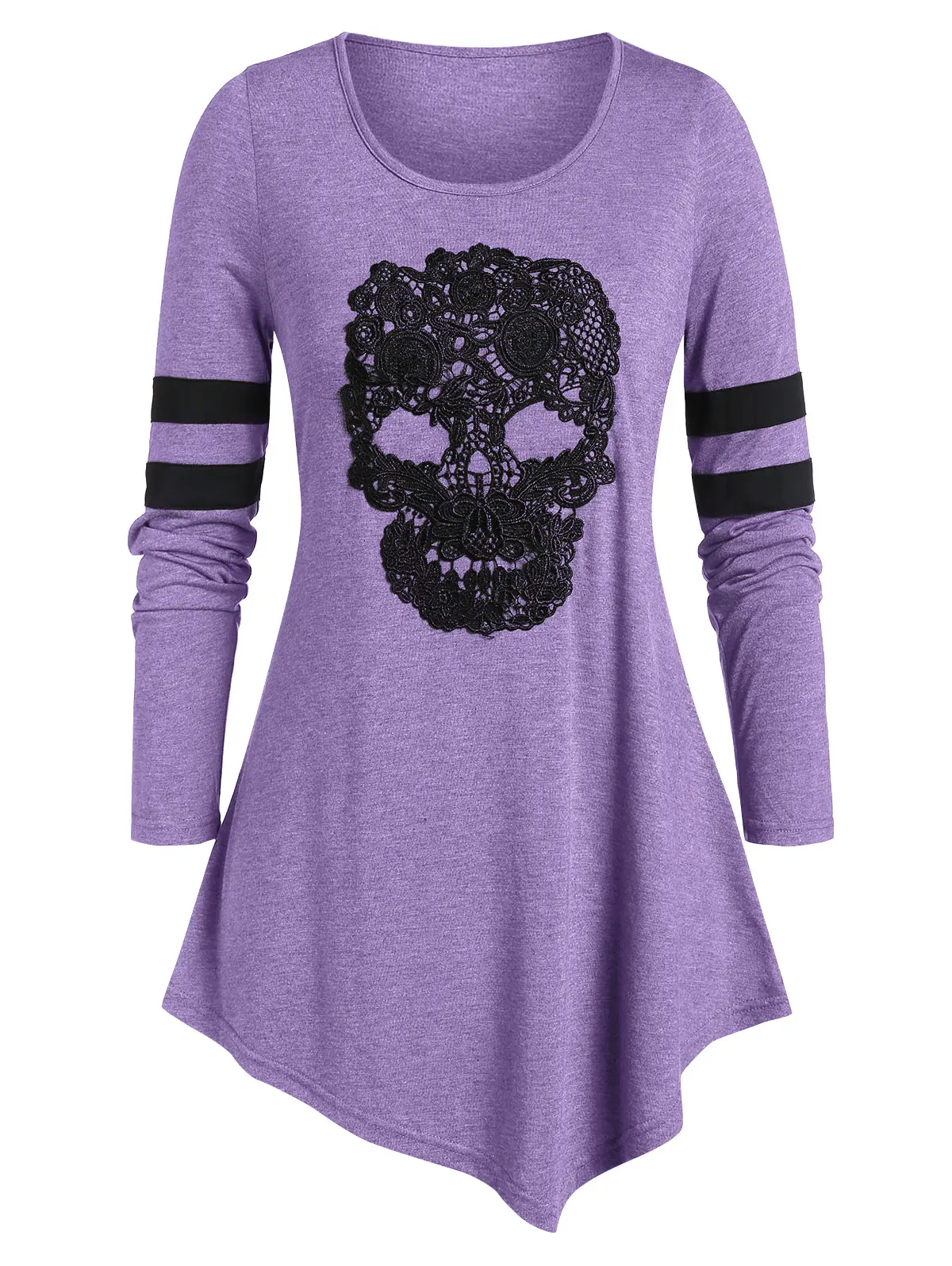 ROSEGAL, ассиметричная футболка размера плюс с длинным рукавом и принтом черепа, женские готические топы, Пуловеры с круглым вырезом, повседневные футболки, осень - Цвет: Medium Purple