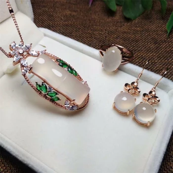 

JADERY 3PCS LUXURY ROSE GOLD 925 STERLING SILVER JEWELRY SETS FOR WOMEN NATURAL WHITE CHALCEDONY JADE NECKLACE/EARRINGS/RING 328