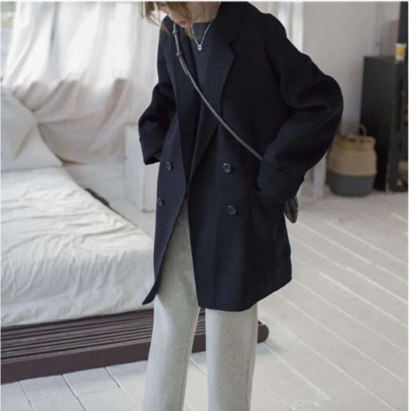 Осень минималистский Корейский свободный двубортный кокон шерстяное Женское пальто