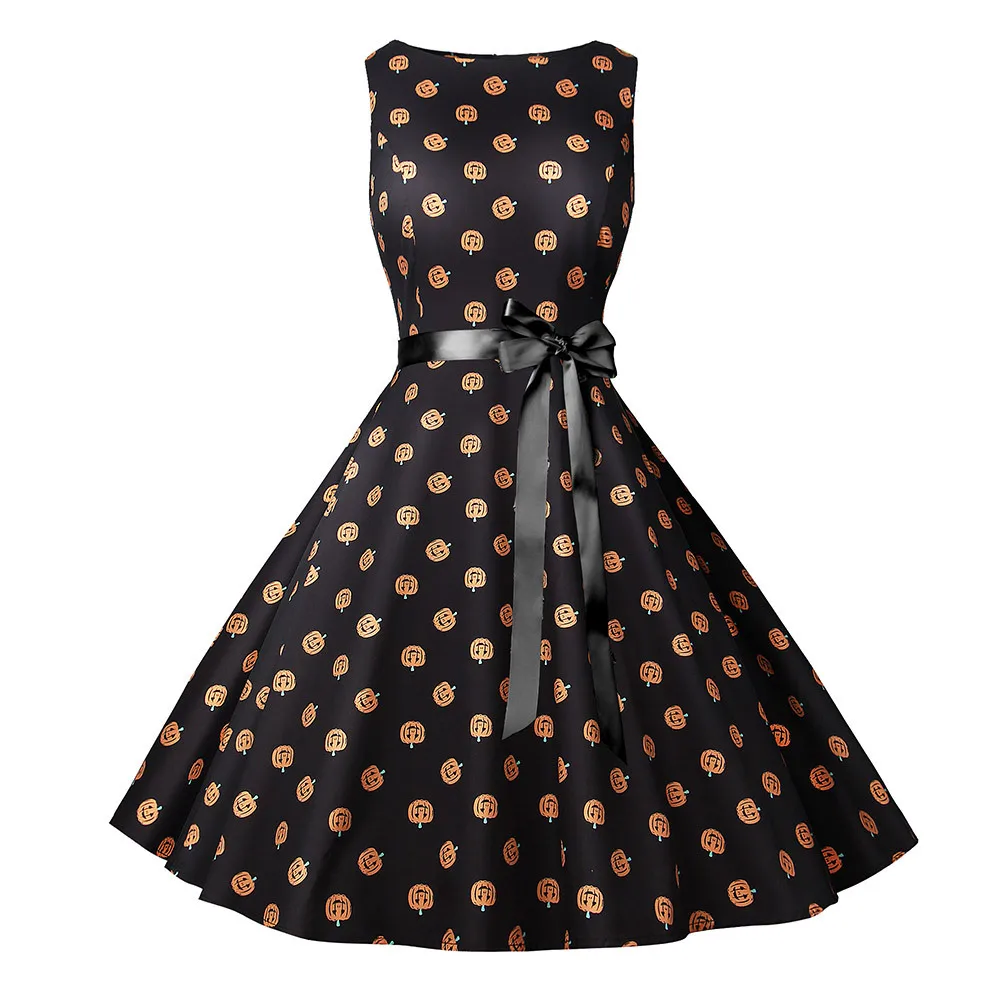 

5 Style Fancy Pumpkin Printed Halloween Dress Sleeveless Mini dress Princess Swing Dress Ladies Costume for Festival Party S-XXL