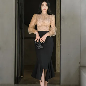 

New Women Two Piece Suit Korean Style Black Wave Point Printing Top + Fashion Lotus leaf Edge Irregularity Slim Skirt Set