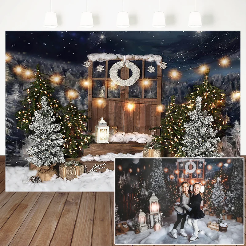 

Christmas Photography Background Christmas Tree Wooden Door Warm Light Snowfield Backdrop Party Decoration Props Photo Studio