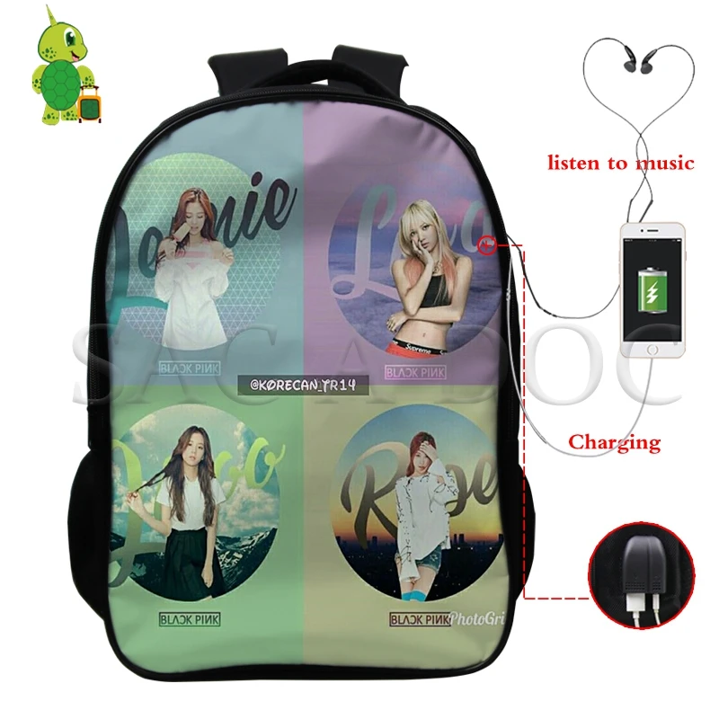 1 Рюкзак Mochila Kpop, черный, розовый, USB зарядка, рюкзак Kill This Love Rose/Lisa, женский, мужской, многофункциональный, школьный рюкзак, дорожные сумки - Цвет: 1