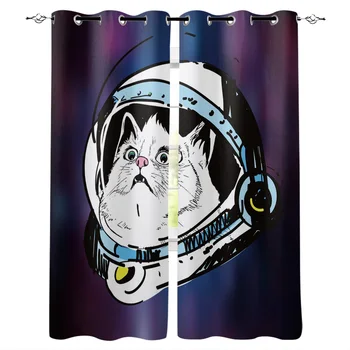 

Kitten Headphones Blue Animal Pet Curtains Living Room Curtains High Blackout Curtain Thick Style