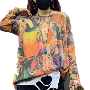 

Cartoon Sweaters All Match O neck Pullover Sweater women's loose large size knitted sweater Colorful printing Jumpers AA240S30