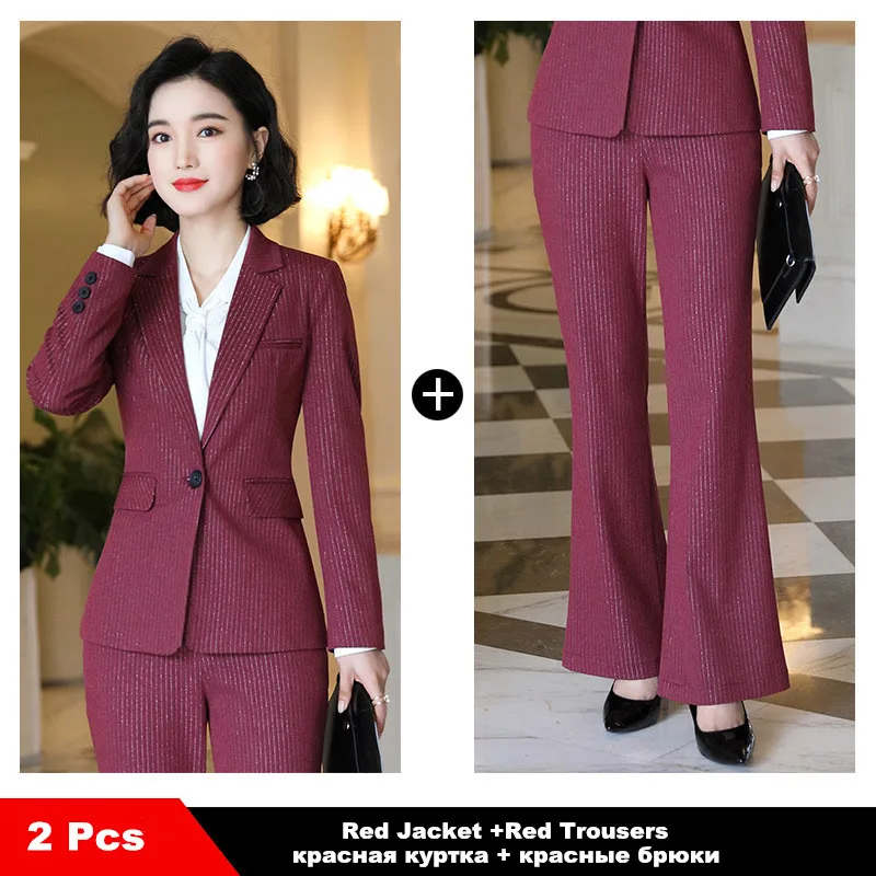 red 2 pcs Модный костюм женский красный костюм с длинными рукавами брюки бизнес Ранняя осень новые женские брюки в западном стиле из двух частей 809357 - Цвет: red 2 pcs