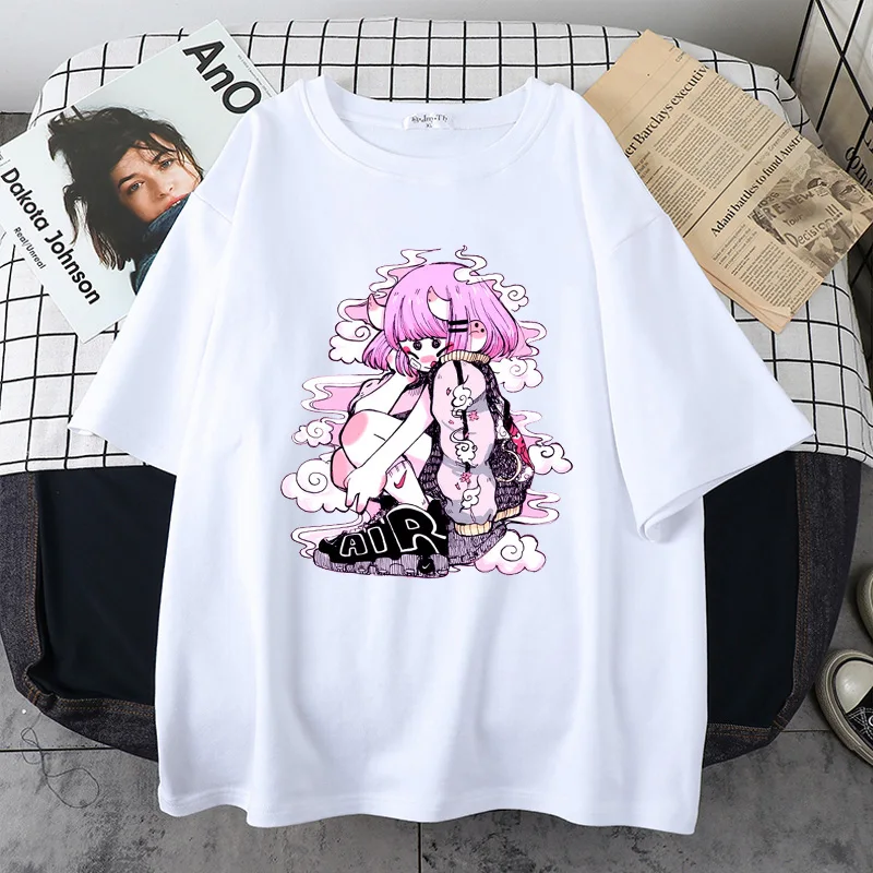 Women Casual Tshirt White Cartoon Funny Girl Printed Streetwear Female Tops Tee Short Sleeve Fashion T Shirt Hip Hop Clothes