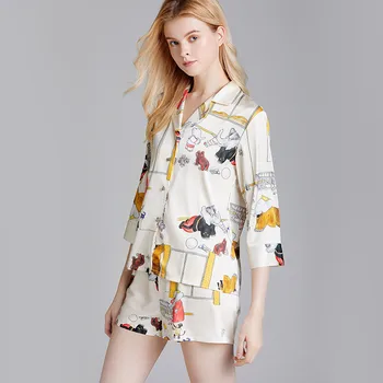 

Women Casual Pajamas Set Sleepwear Satin Lady Sexy Pyjamas Suit Spring Autumn 2 PCS Shirt&Shorts Nightwear Home Clothes