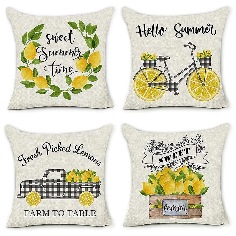 Summer Pillow Covers 18X18 Set Of 4 Lemon Farmhouse Throw Pillows Cases