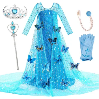 

Girls Elsa Elza Princess Dress Kids Sequined Long Gown with Cloak Children Snow Queen Christmas Birthday Party Cosplay Dress
