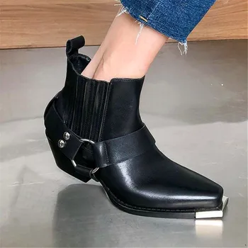 

Fashion metal buckle square toe ladies high heel boots black retro sequined high heel boots autumn and winter ladies casual boot