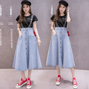 

Swing Loose A Line Denim Midi Skirt For Women High Waist Denim Overall Skirt Women Single Breasted Strap Denim Skirt With Pocket