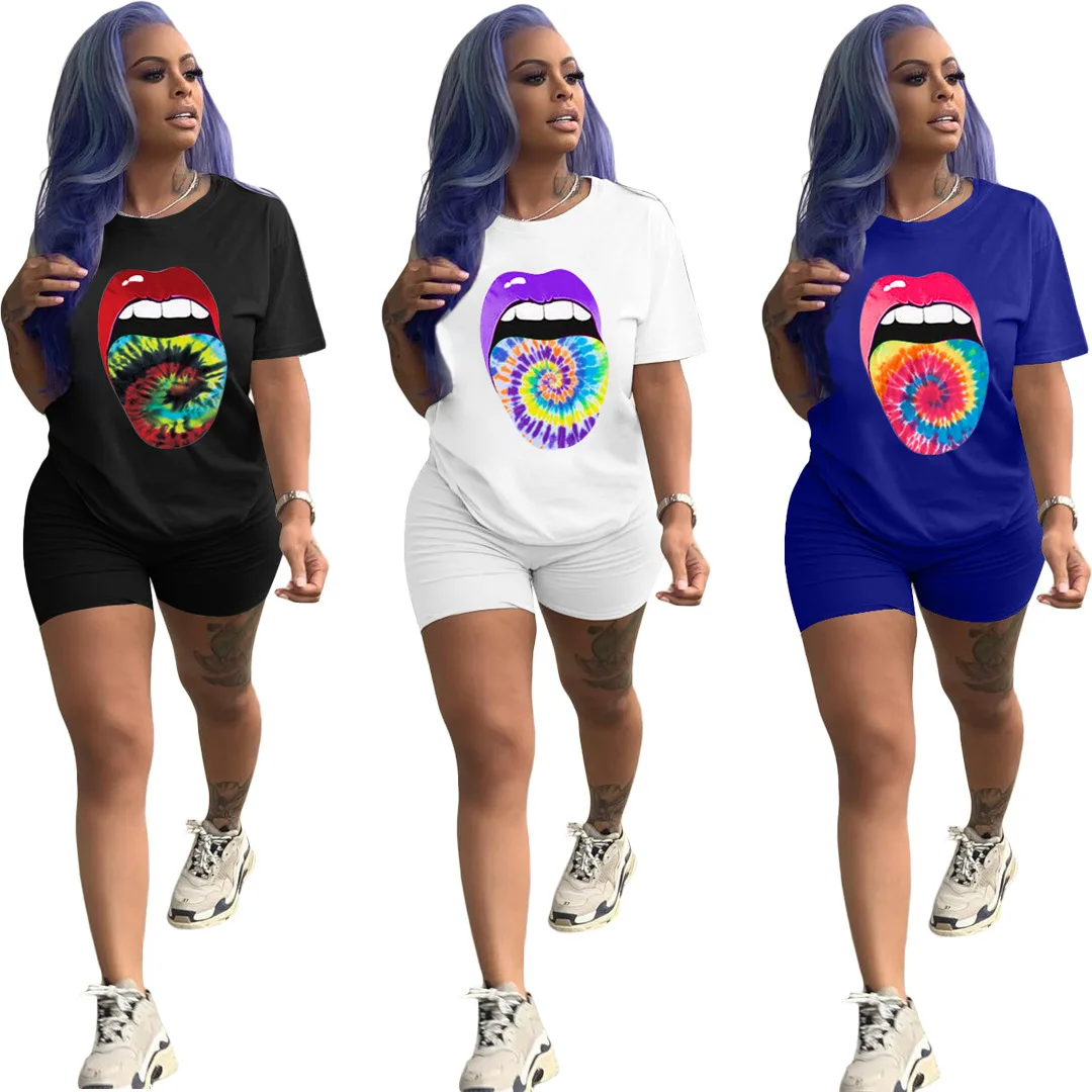 

Tie Dye Lips Print T-Shirt & Biker Shorts Summer Solid Color Women Suit Fashion Casual Two Piece Set