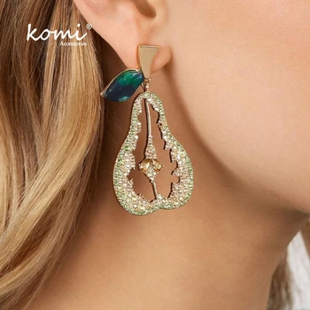 

KOMi Boho Multicolor Rhinestone Crystal Pear Dangle Earrings Exaggerated Fruit Pear Hollow Alloy Cерьги женские Women K1556