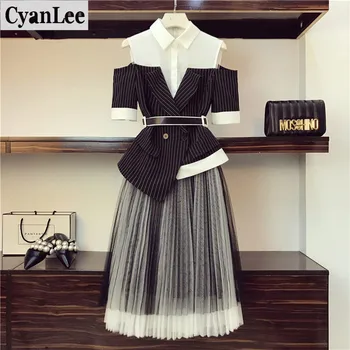 

Cyanlee New Fashion Large Size Two Piece Set Women's Office Summer Stripe Spliced Off-shoulder Tops And Pleated Skirt Sets 4XL