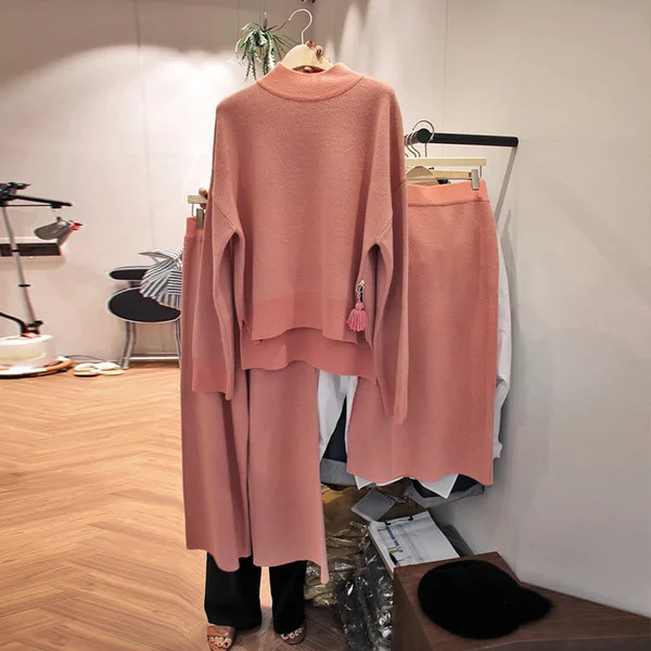 Neploe/модные трикотажные наборы, однотонный пуловер с длинными рукавами, свитер+ свободные широкие брюки, осенне-зимний женский комплект 54077
