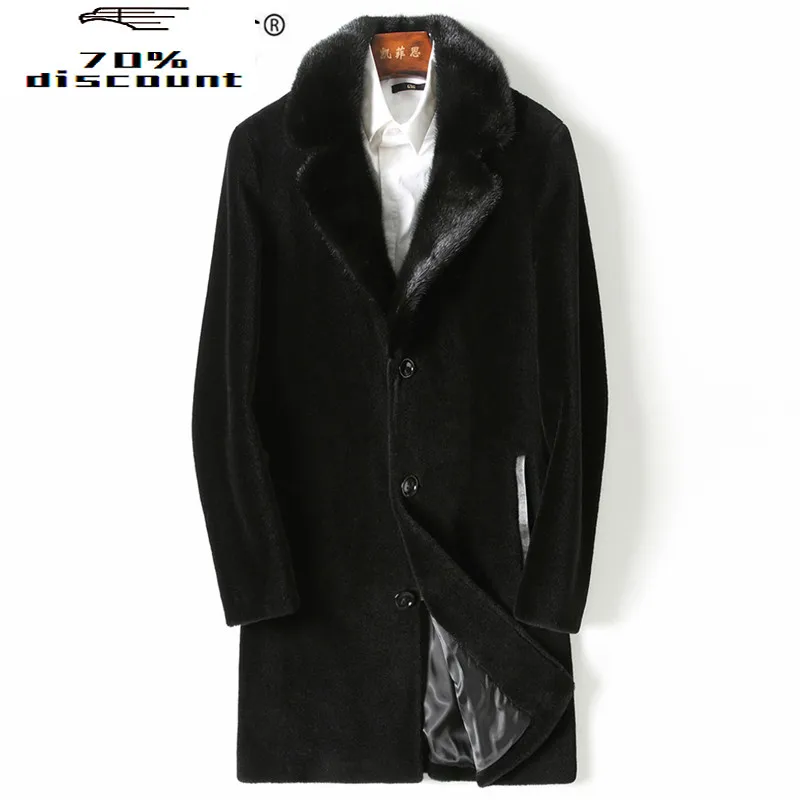 

Winter Jacket Men Real Fur Coat Long Sheep Shearling Wool Coat Mink Fur Collar Plus Size Warm 2020 KFS28M202-2 KJ3822