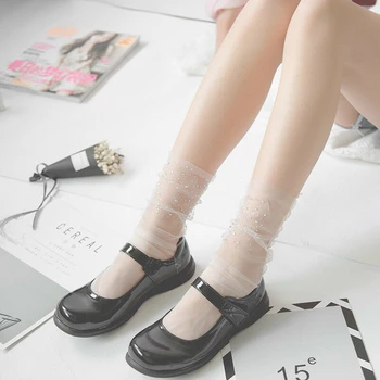

Girl Socks Transparent Glitter Crystal Silk Lace Elastic Short Ankle Socks Elegant Ladies Rhinestone Sock See Through Mesh Sock