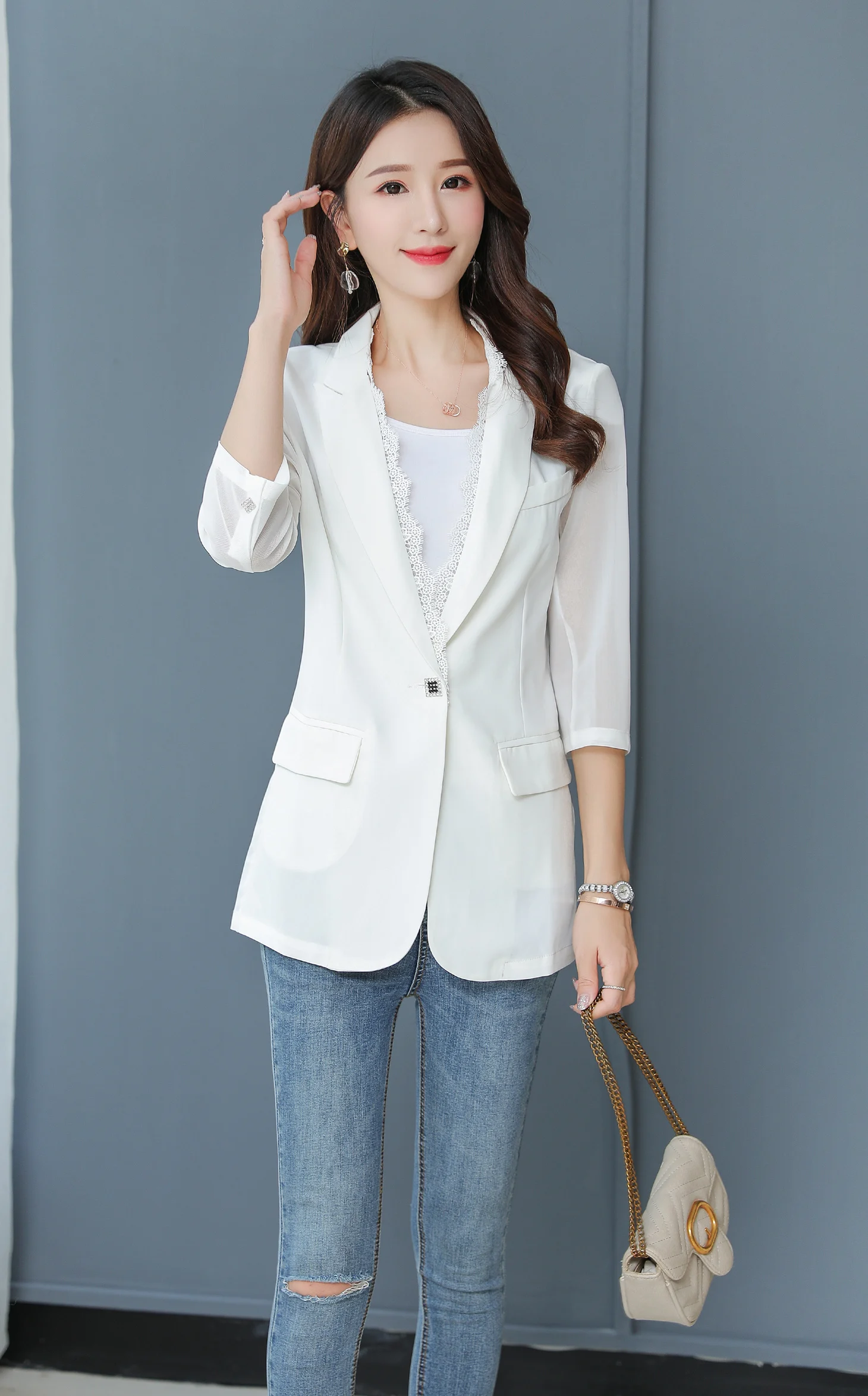 

Brieuces Women's Jacket spring Autumn New Women's Fashion Slim 3/4 Sleeve Black Small Suit Ladies One button coat Women's Blaze