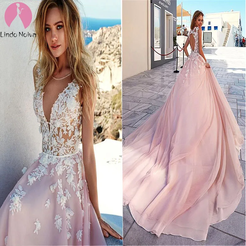 Vestido De Noiva Романтический розовый Совок летние розовые праздничные Свадебные платья 2019 индивидуальный заказ кружевной топ с открытой спиной