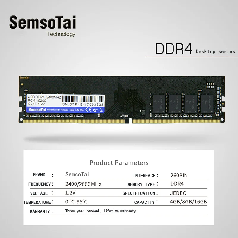 SemsoTai ram ddr4 4 ГБ 8 ГБ 16 ГБ 2400 МГц 2666 МГц CL = 17/19 PC4-19200/21300 1,2 в 288pin пожизненная гарантия память оперативная память ddr 4 Настольный