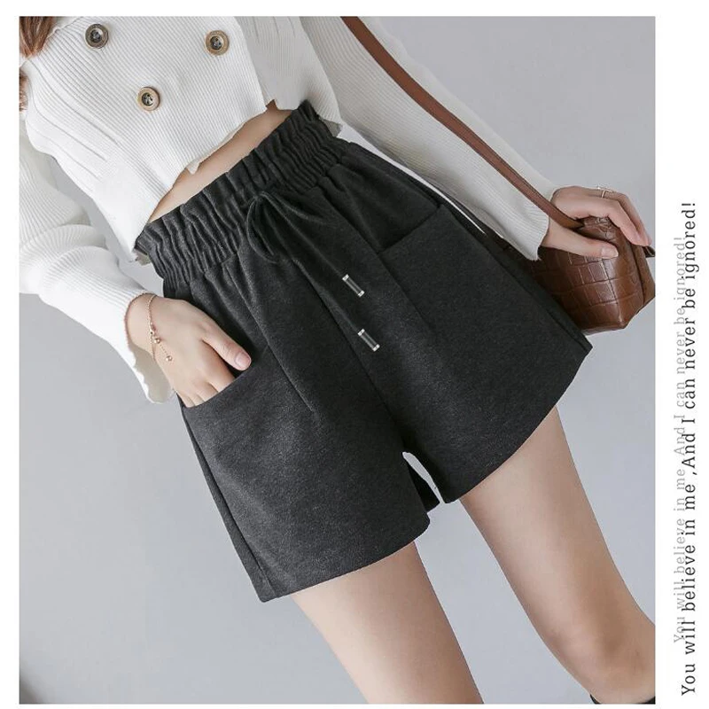 black boot cut Shikoroleva/женские короткие зимние шерстяные шорты с высокой талией, эластичные бермуды с завязками, широкие короткие шорты размера плюс 4XL 3XL, коричневые Khahi - Цвет: black boot cut
