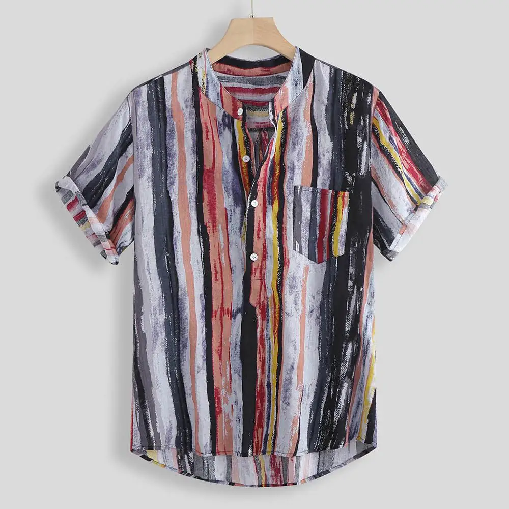 Мужская футболка, футболка с коротким рукавом, топ в полоску, летняя уличная одежда, стоячий воротник, Повседневная разноцветная модная гавайская рубашка - Цвет: grey