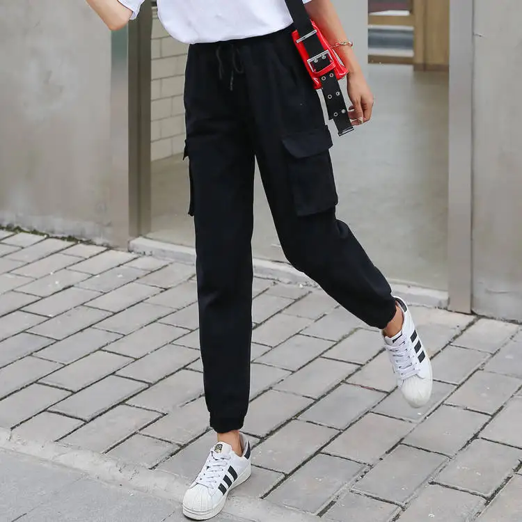 Хлопковые брюки-карго размера плюс, женские эластичные Pantalon с высокой талией, женские серые свободные брюки с карманами, женские уличные брюки