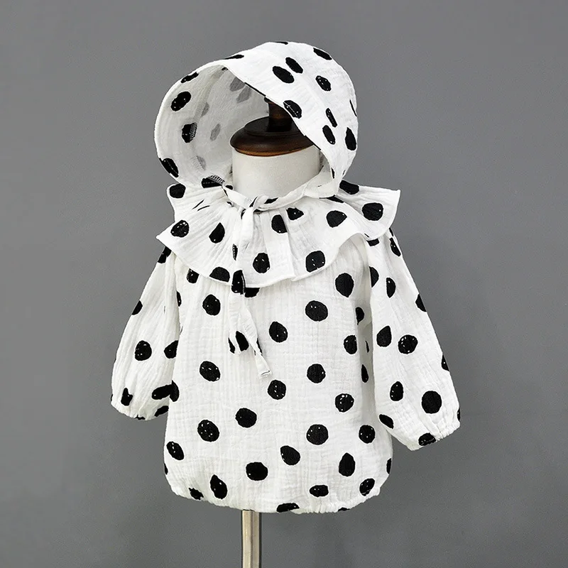 

0-1 Year Old Baby Summer Air Conditioning Suit, Unisex Cute Wave Point Rompers Onesies Newborn Clothing Gauze Hooded Suit