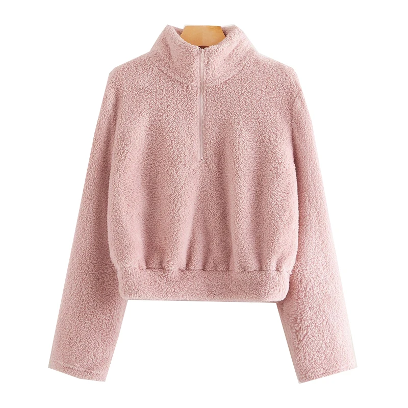 Dotfashion Розовый Повседневный плюшевый свитер с молнией спереди для женщин зимние однотонные милые толстовки со стоячим воротником