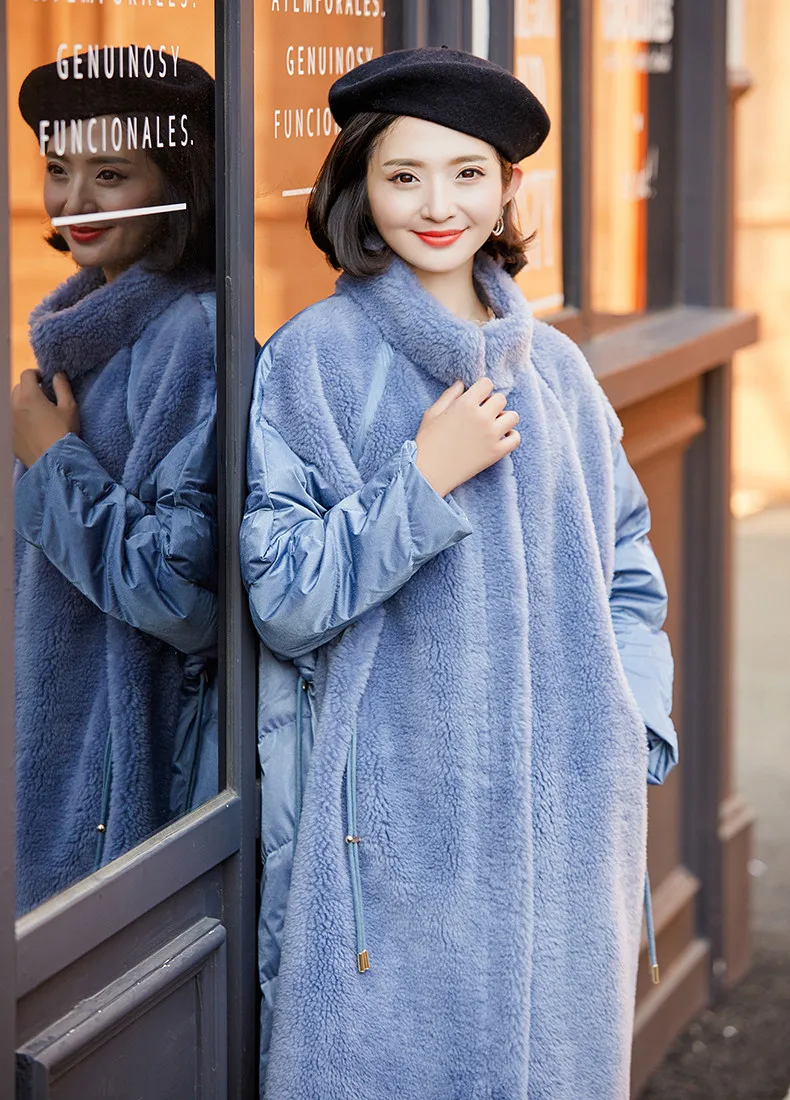 Женское зимнее пальто с натуральным мехом, шерсть, пуховик на утином пуху, женская одежда, корейские длинные шерстяные пальто для стрижки овец, топы Hiver F9736
