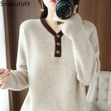 

Autumn and Winter Pure Wool Sweater Women's V-Neck Color Matching Three-Button Loose Pullover Long-Sleeved Jacquard Knitted Top