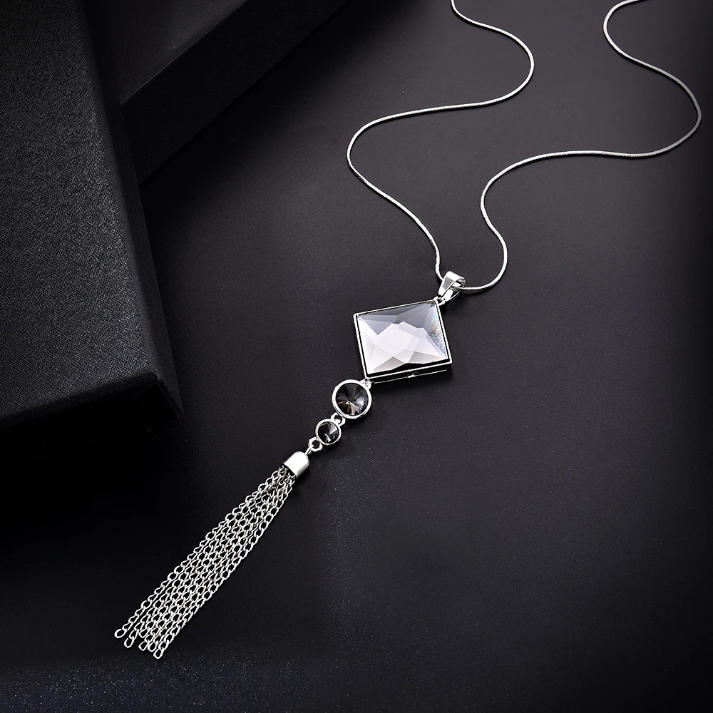 Мода женщин леди большой горный хрусталь кристалл квадратный кулон длинная цепь кисточка свитер ожерелье вечерние ожерелье ювелирные изделия