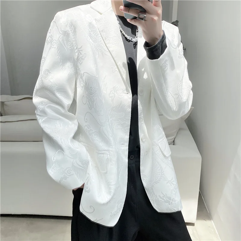

Chinese-style Element Retro Dragon Design Suit White Homemade Popular Brand Suit Coat Autumn Origional Loose Jacket