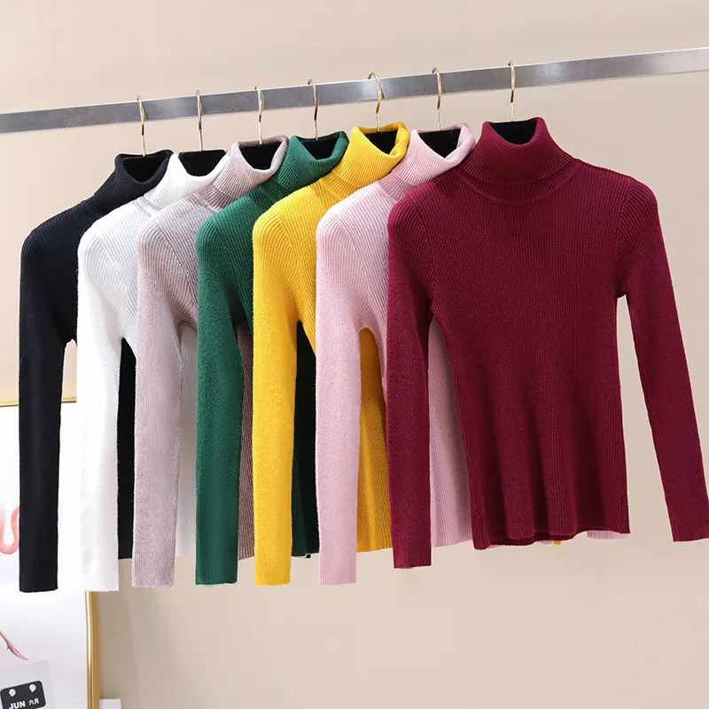 

Womens Sweaters 2019 Winter Tops Turtleneck Elastic Lady Pullover Jumper Knitted Solid Color
