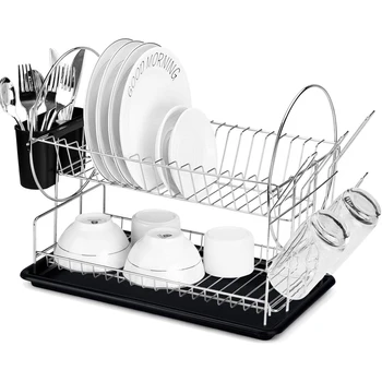 

Dish Drying Rack, 2 Tier Dish Rack with Utensil Holder Cup Holder and Dish Drainer for Kitchen Counter Top