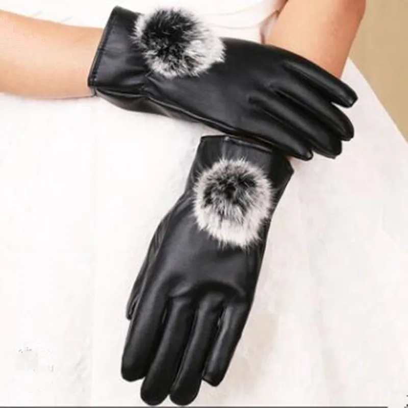 Новые дешевые осенние и зимние женские перчатки мех кролика мяч pu кожаные перчатки для верховой езды бархатные перчатки для сенсорного экрана